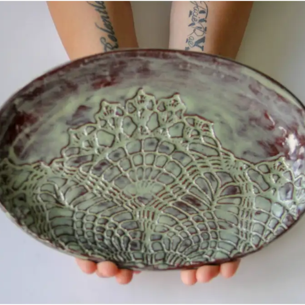 Stunning handmade lace pattern ceramic dish in oval stoneware