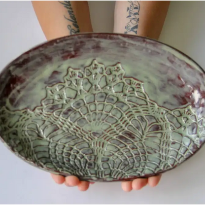 Stunning handmade lace pattern ceramic dish in oval stoneware
