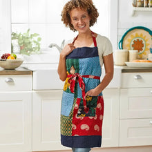 Colorful handmade patchwork apron with upcycled cotton and denim accents, eco-friendly style