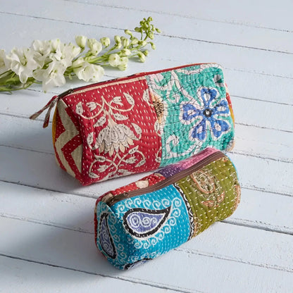 Colorful handmade eco-friendly patchwork quilted pencil case with paisley and floral patterns