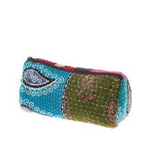 Handmade eco-friendly patchwork quilted pencil case with colorful paisley patterns and green fabric