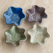 Handmade pottery mini blossom bowls in blue purple green and mint with delicate lace imprints and flower shapes