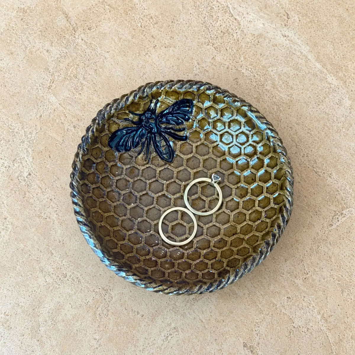 Handmade pottery olive-green small dish with honeycomb pattern and adorable bee design perfect for trinkets