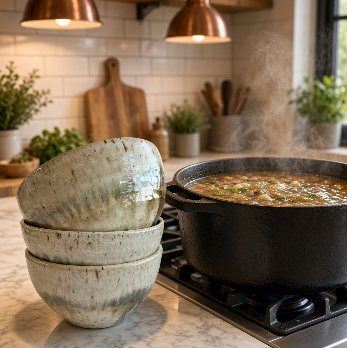 Stack of three handmade pottery soup bowls with unique borealis glaze in speckled gray and white for organic appeal