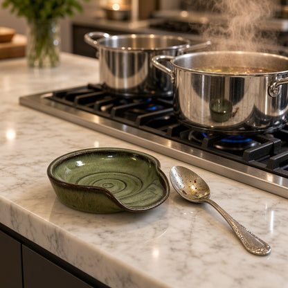 Handmade green ceramic spoon rest with dark brown rim and subtle circular patterns perfect for tea strainer use
