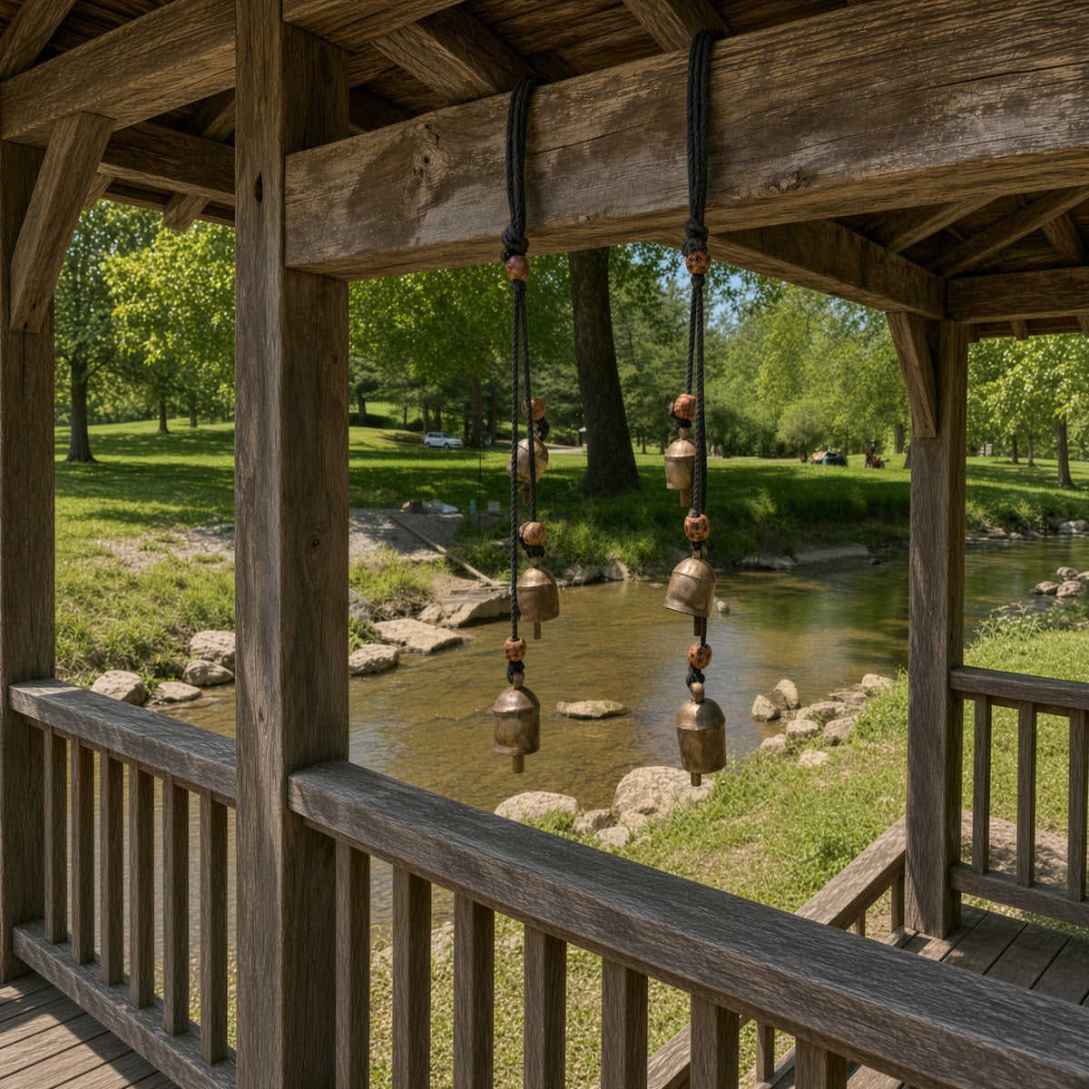 Handmade rustic cascading harmony bells in weathered bronze hang from black cords beneath a wooden gazebo for gentle tones