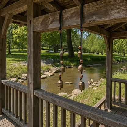 Handmade rustic cascading harmony bells in weathered bronze hang from black cords beneath a wooden gazebo for gentle tones