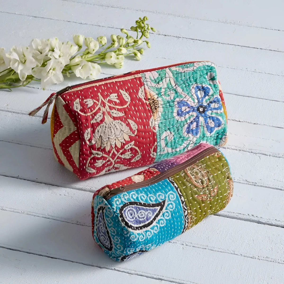 Colorful handmade eco-friendly patchwork pencil case with floral and geometric patterns