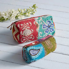 Colorful handmade eco-friendly patchwork pencil case with floral and geometric patterns
