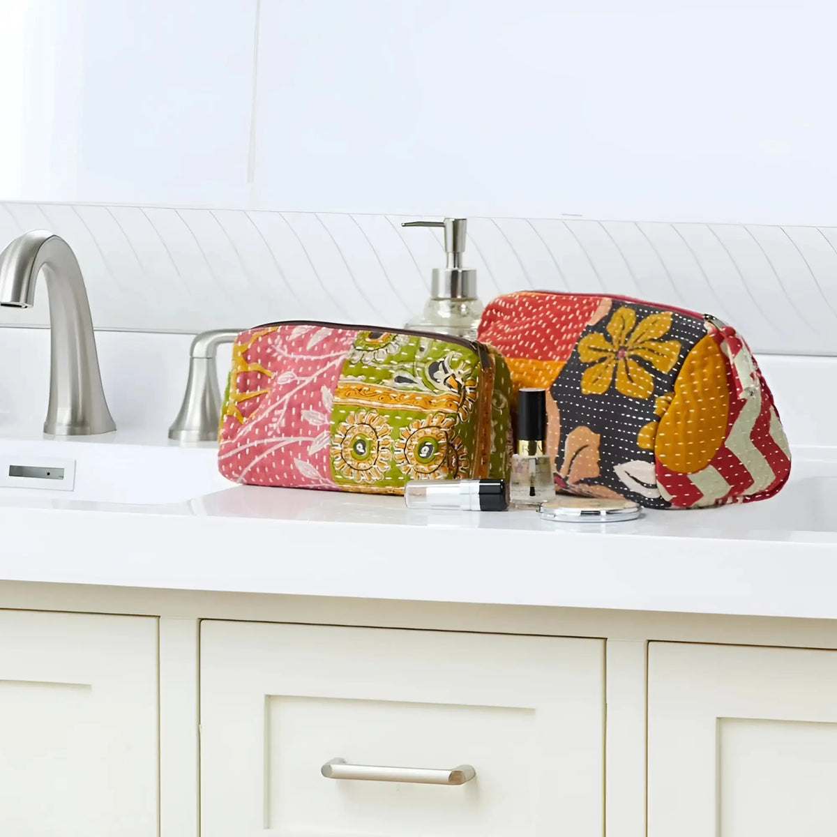Colorful handmade eco-friendly patchwork toiletry bag with floral patterns and vibrant hues