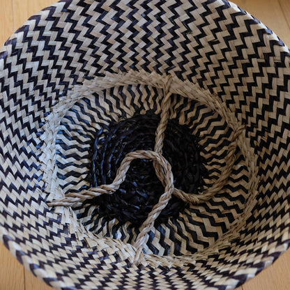 Handmade Belly Basket with black zig-zag patterns and natural rope handles