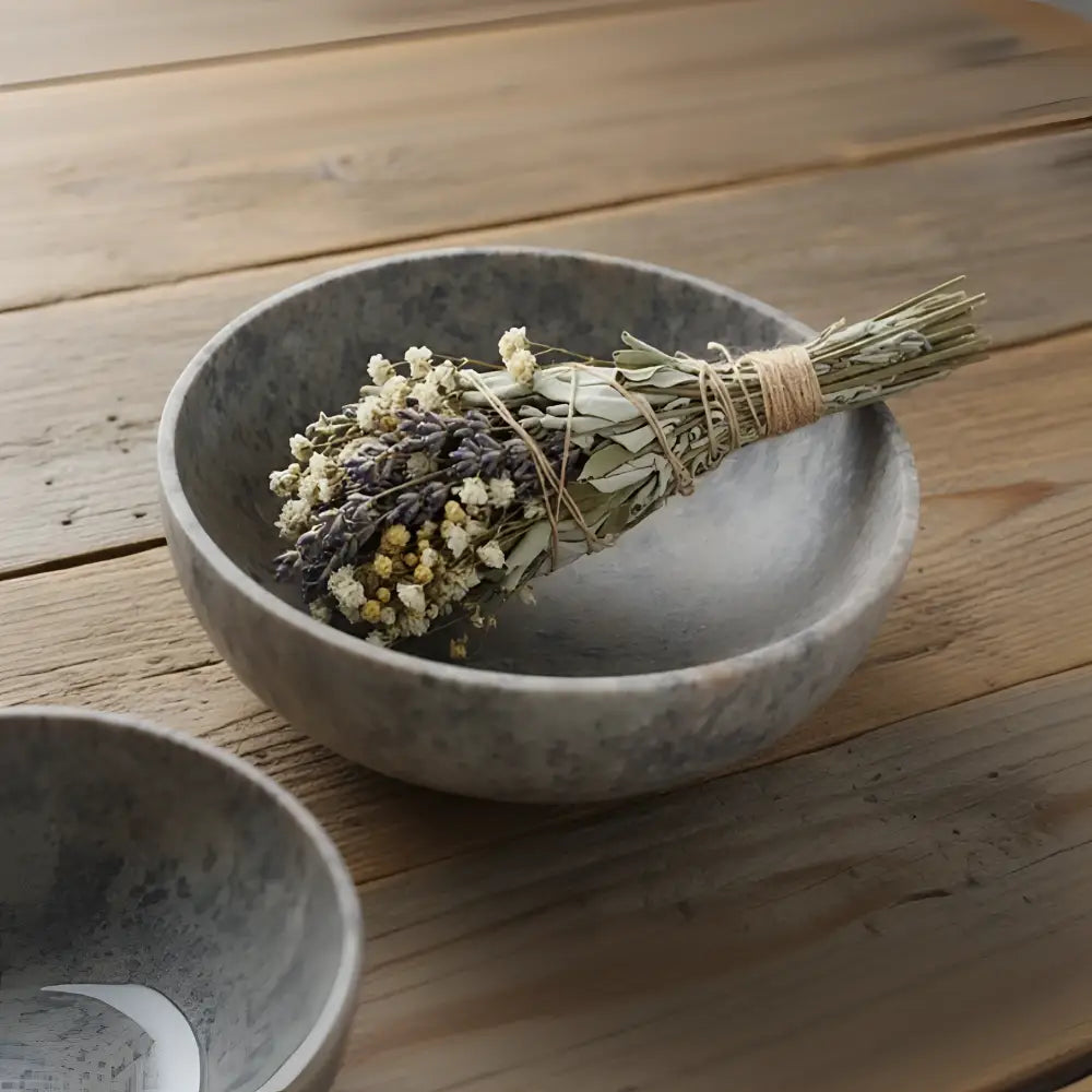 Gray speckled natural soapstone bowl displaying favorite smudge sticks