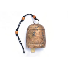 Large antique brass cowbell with black beaded strap and wooden beads, handmade Solo Bell #10