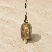 Handmade solo copper large copper zen bell with an antique patina and wooden bead accents on a black cord