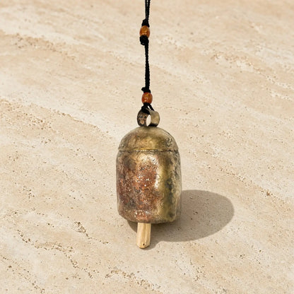 Handmade solo copper large copper zen bell with an antique patina and wooden bead accents on a black cord