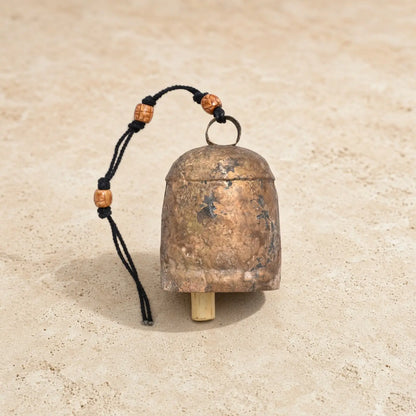 Handmade solo copper coated rustic zen bell in antique brass with wooden bead accents and black cord large copper zen style