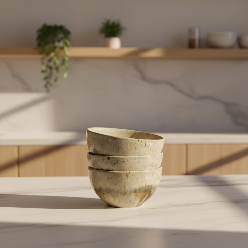 Stack of handmade rustic ceramic bowls with unique eco-friendly glaze combo