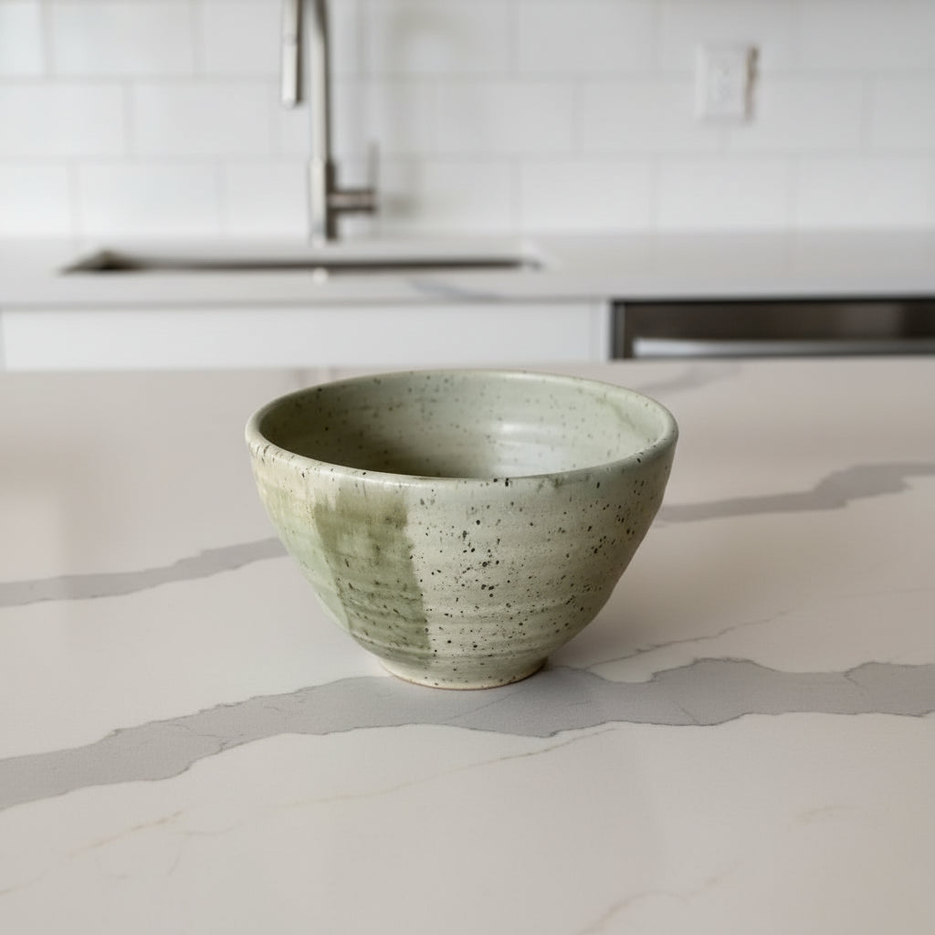 Handmade speckled stoneware dinnerware with green color combo and eco-friendly design