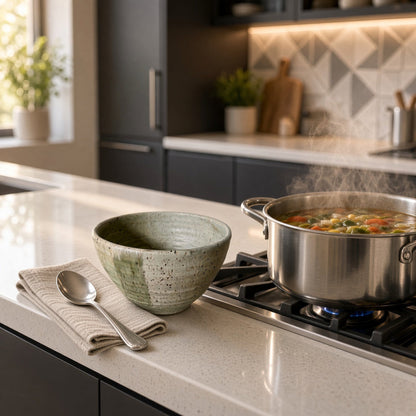 Handmade speckled brown stoneware soup bowl with matte avocado green glaze sits next to spoon and napkin on countertop