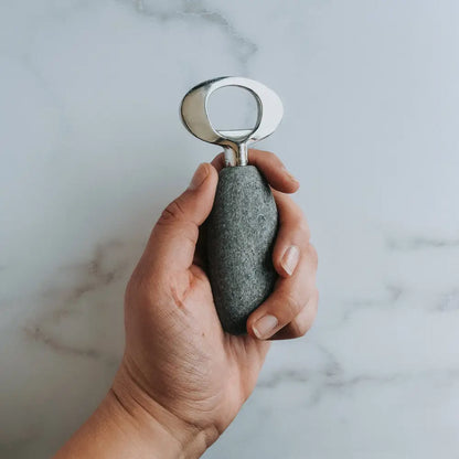 Handmade stone and stainless steel bottle opener with silver handle and ring in gray