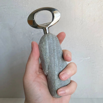 Handmade stone and stainless steel bottle opener with natural stone handle and metallic head