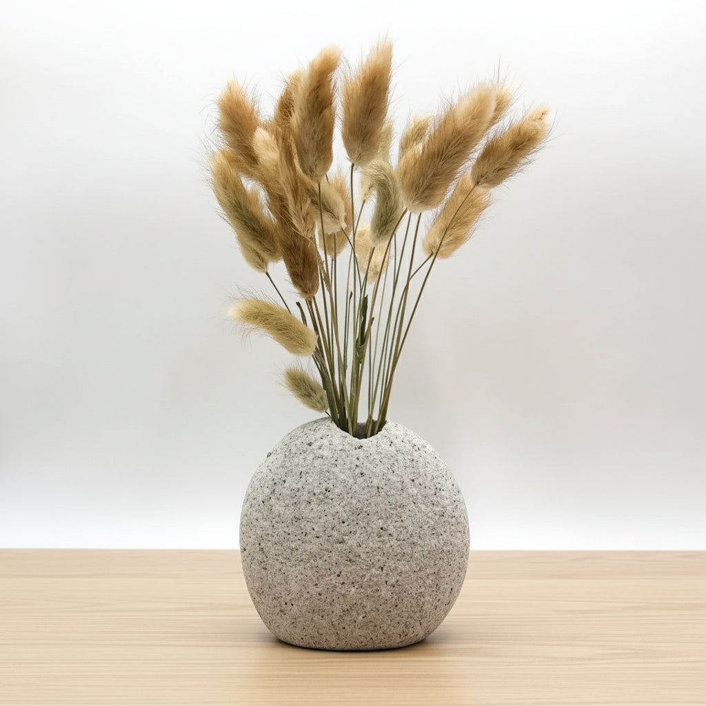 Gray speckled handmade stone vase with dried flowers eco-friendly home decor