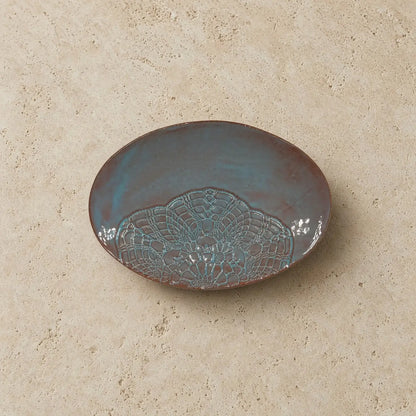 Handmade stoneware oval platter in muted teal with a lace pattern ceramic dish and unique patterns design