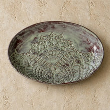 Handmade stoneware oval platter with stunning greenish glaze and lace pattern ceramic dish featuring unique patterns