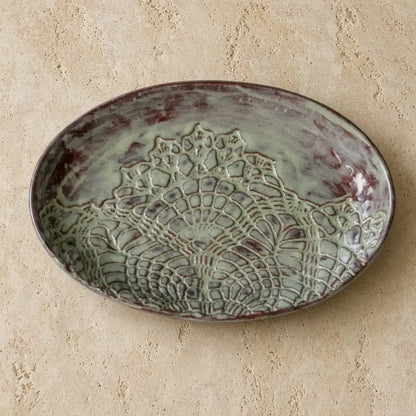 Handmade stoneware oval platter with stunning greenish glaze and lace pattern ceramic dish featuring unique patterns