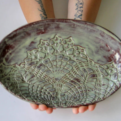 Stunning handmade lace pattern ceramic dish in oval stoneware