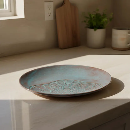 Stunning handmade platter with lace pattern ceramic dish in turquoise glaze
