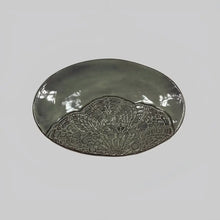 Gray handmade stoneware oval platter with stunning lace pattern