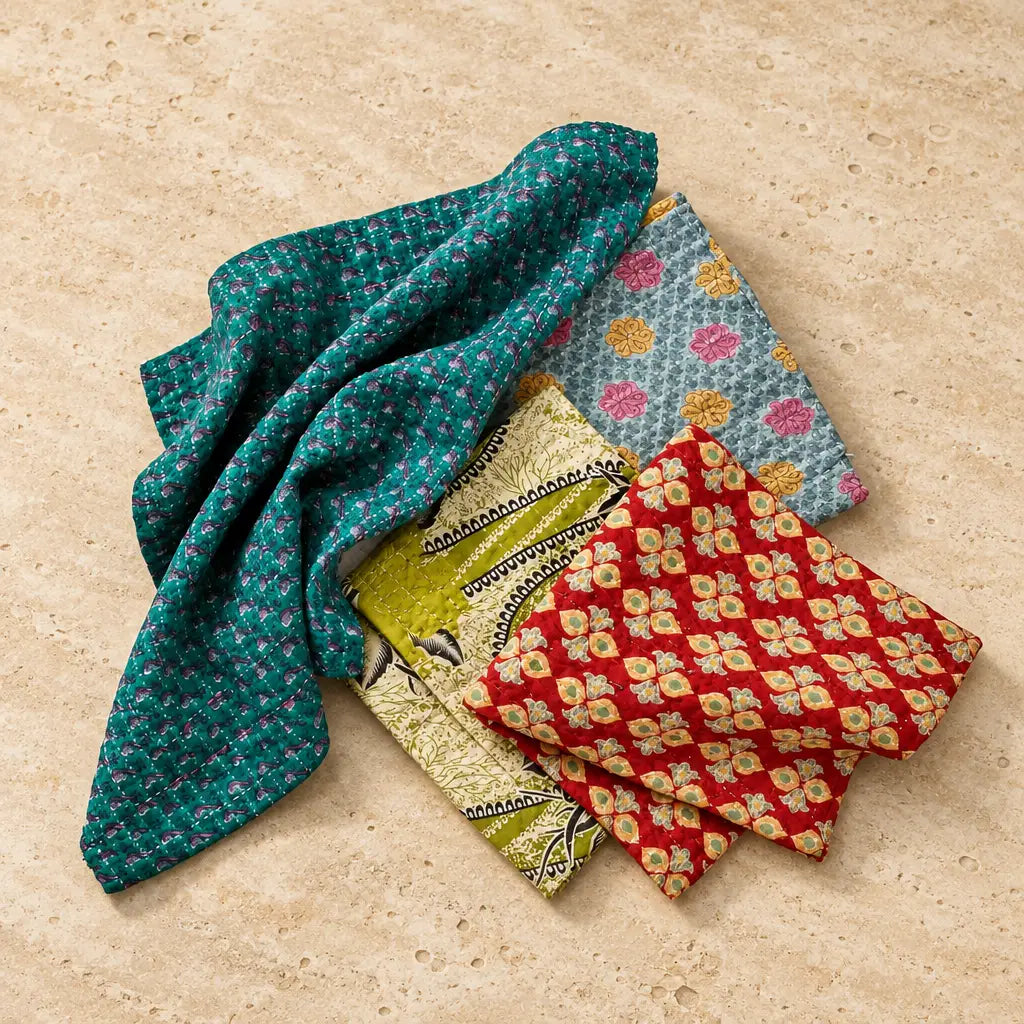 Handmade eco friendly upcycled sari napkins set of 4 with traditional indian patterns in teal red yellow and blue