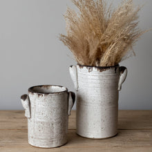 Handmade white ceramic vases with handles, 10 inches tall, dark speckled pattern