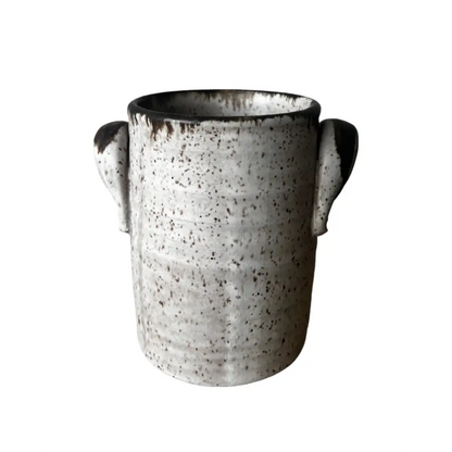 Handmade white ceramic vase with handles, 10 inches tall, speckled design