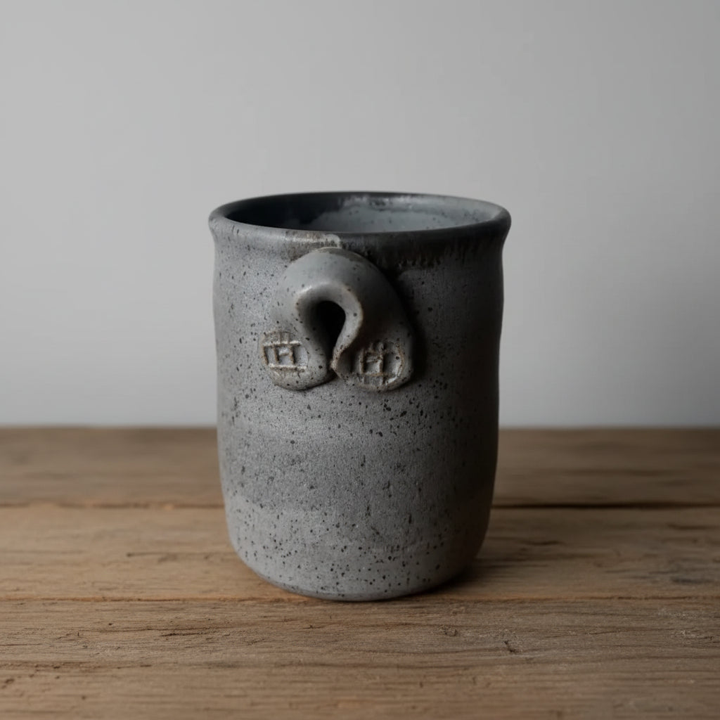 Rough-textured gray handmade ceramic vase with handle, 10 inches tall and wide