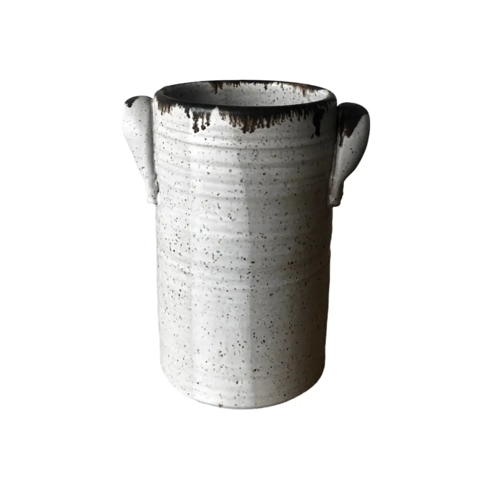 Handmade white ceramic vase with dark speckled accents and two small handles, 10 inches tall