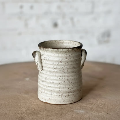 Handmade speckled ceramic vase with handles, 10 inches tall, perfect for home decor