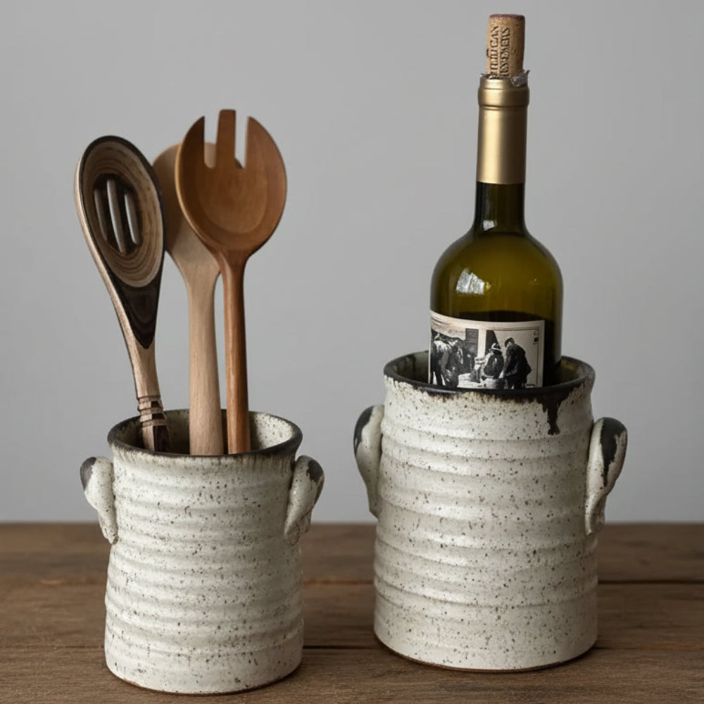 Handmade white ceramic vases with handles, 10 inches tall, rustic kitchen decor