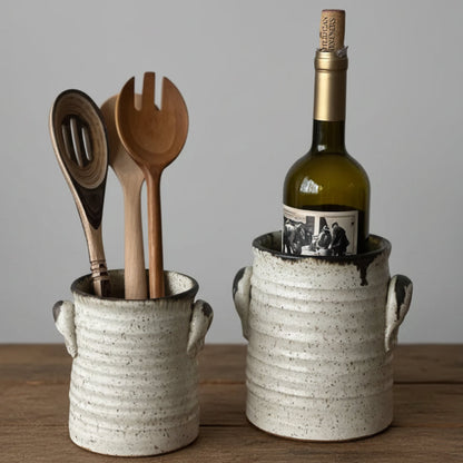 Handmade white ceramic vases with handles, 10 inches tall, rustic kitchen decor