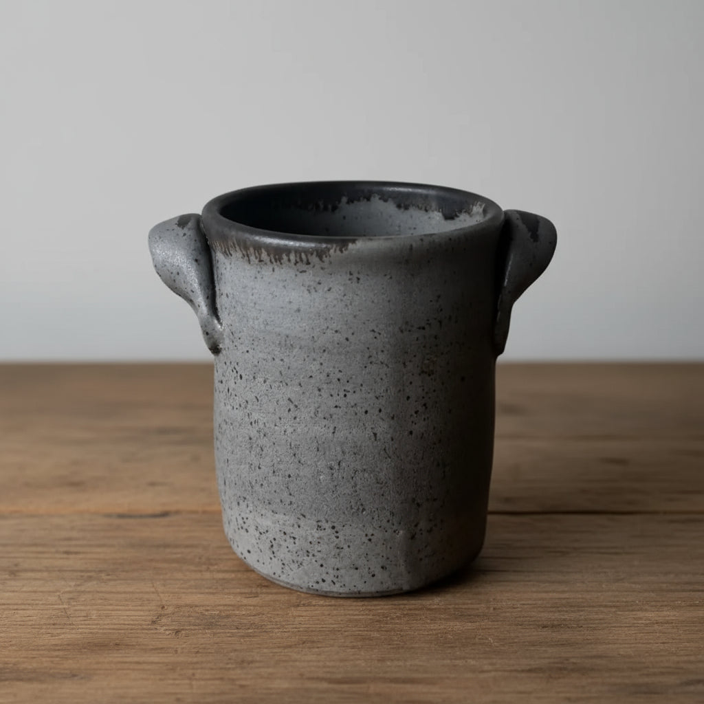 Gray speckled handmade ceramic vase with handles, 10 inches tall and stylish