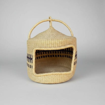 Handmade woven cat bed basket from Bolgatanga with handle and black patterns