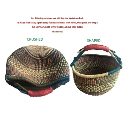 Colorful Handwoven African Market Basket from Bolgatanga with natural fibers and handles