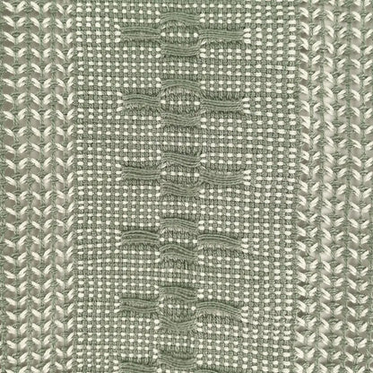 Table runner featuring sage green threads handwoven together in an intricate open weave technique called Calado.