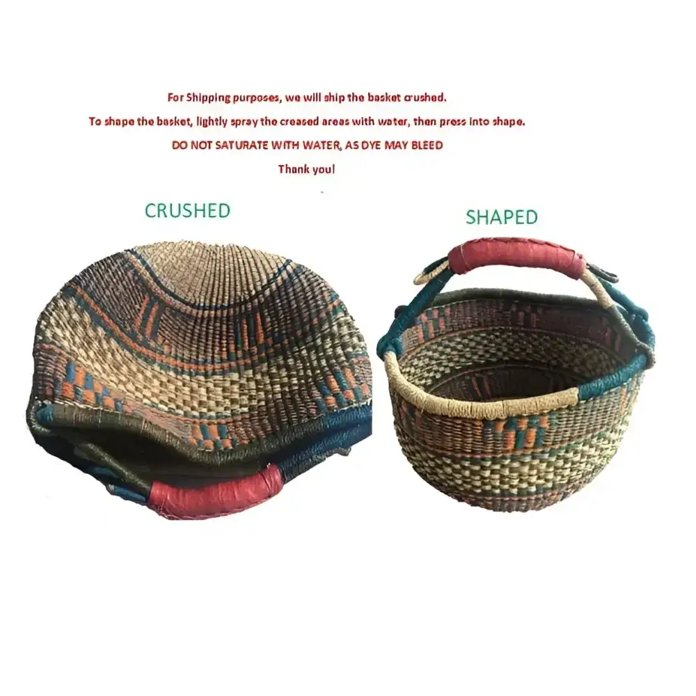 Colorful handwoven elephant grass African market basket with leather handle and patterns