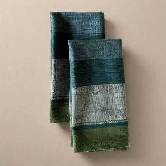 Handwoven Ethiopian Cotton Napkins with teal, green, and light gray stripes