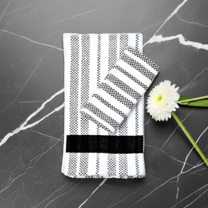 Black and white striped Hache Weave Towel from Guatemala’s Western Highlands by women’s cooperative
