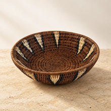 Handwoven large african zulu bowl in brown and cream with black geometric accents made from sustainably sourced ilala wild grasses