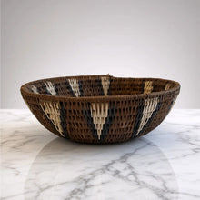 Handwoven large African Zulu bowl with brown black and cream ilala palm strands sustainably sourced in South Africa