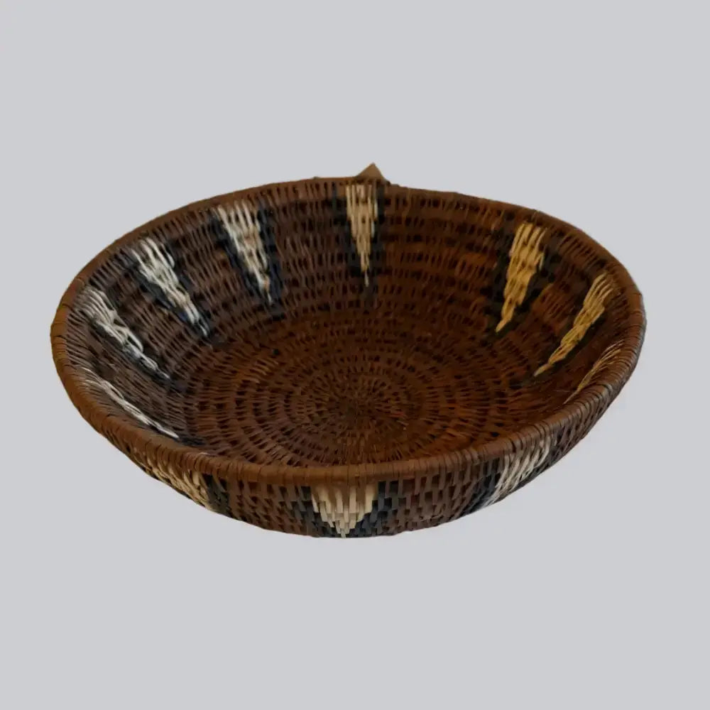 Handwoven large african zulu bowl with brown and cream ilala palm geometric pattern sustainably sourced in south africa